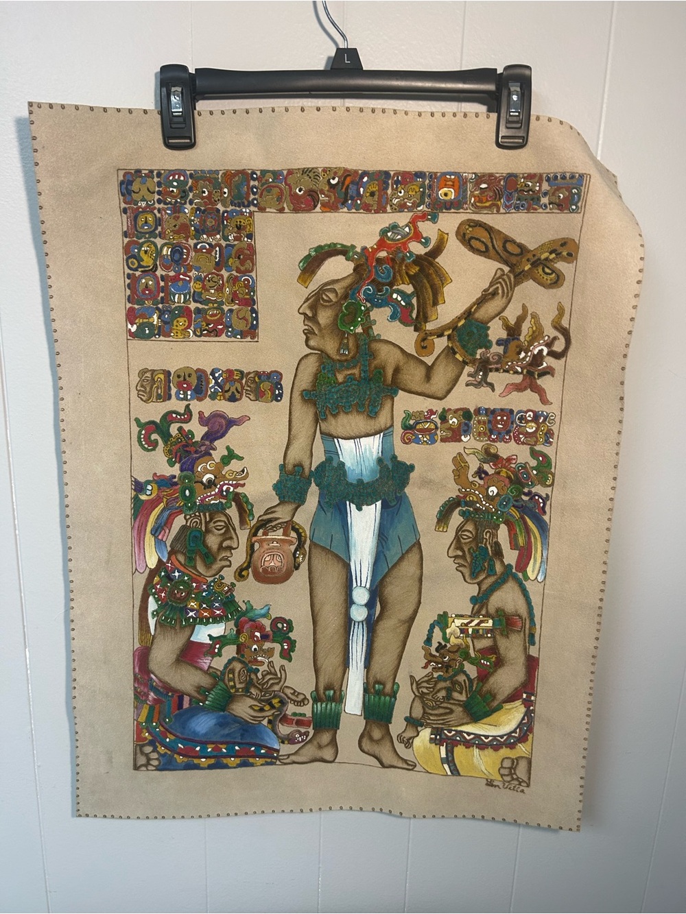 Hand-Painted Leather Wall Art Tabelro Maya Cultura Maya